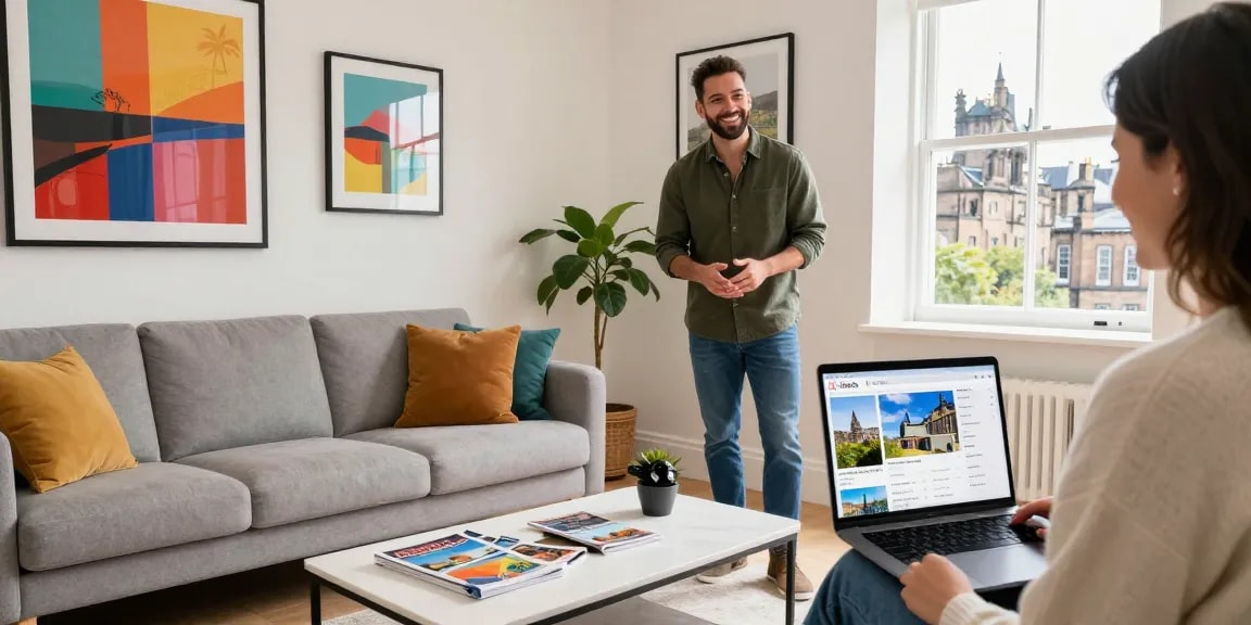 Edinburgh Airbnb management: Host welcomes guests in a stylish flat with city views and vibrant decor.