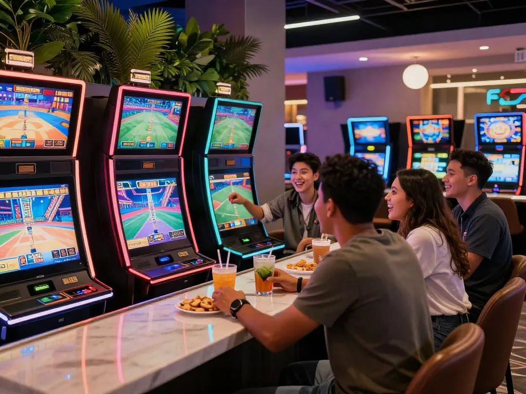 Online casinos not on Gamstop: friends enjoying high-tech slot machines in a vibrant gaming lounge.
