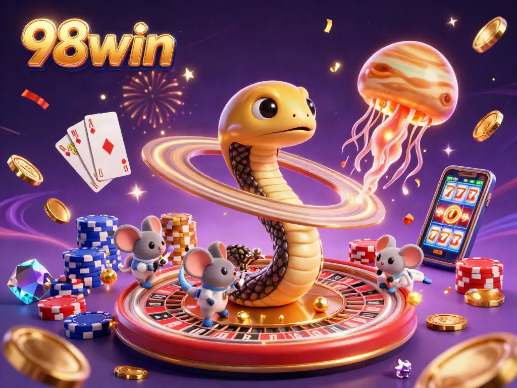 Experience thrilling action with 98win as astronaut mice bet on a cosmic roulette wheel amidst a vibrant casino scene.