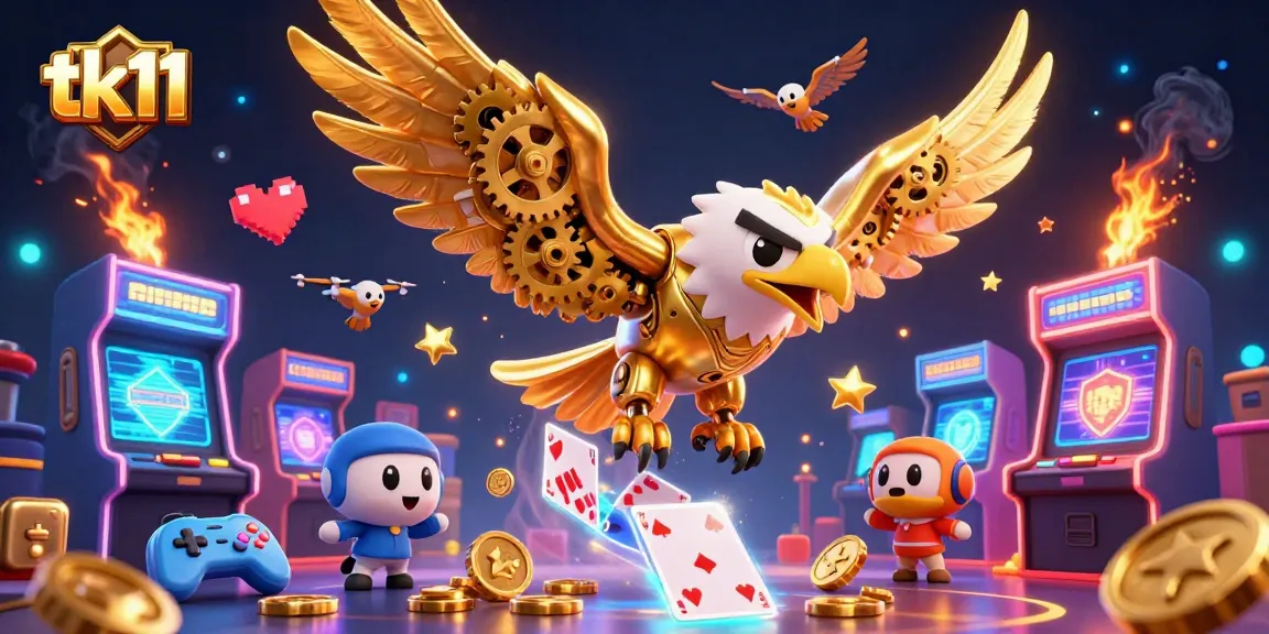 Engage with tk11's vibrant casino atmosphere featuring a diving golden eagle and arcade-style gaming elements.