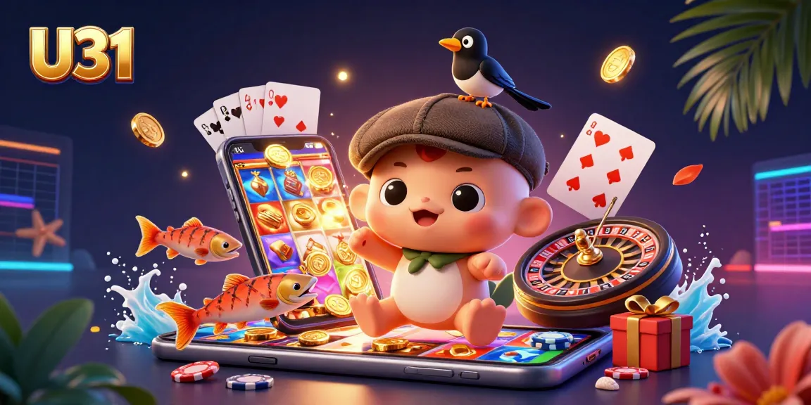 Experience winning moments at U31 with colorful slot games and playful characters in a captivating digital scene.