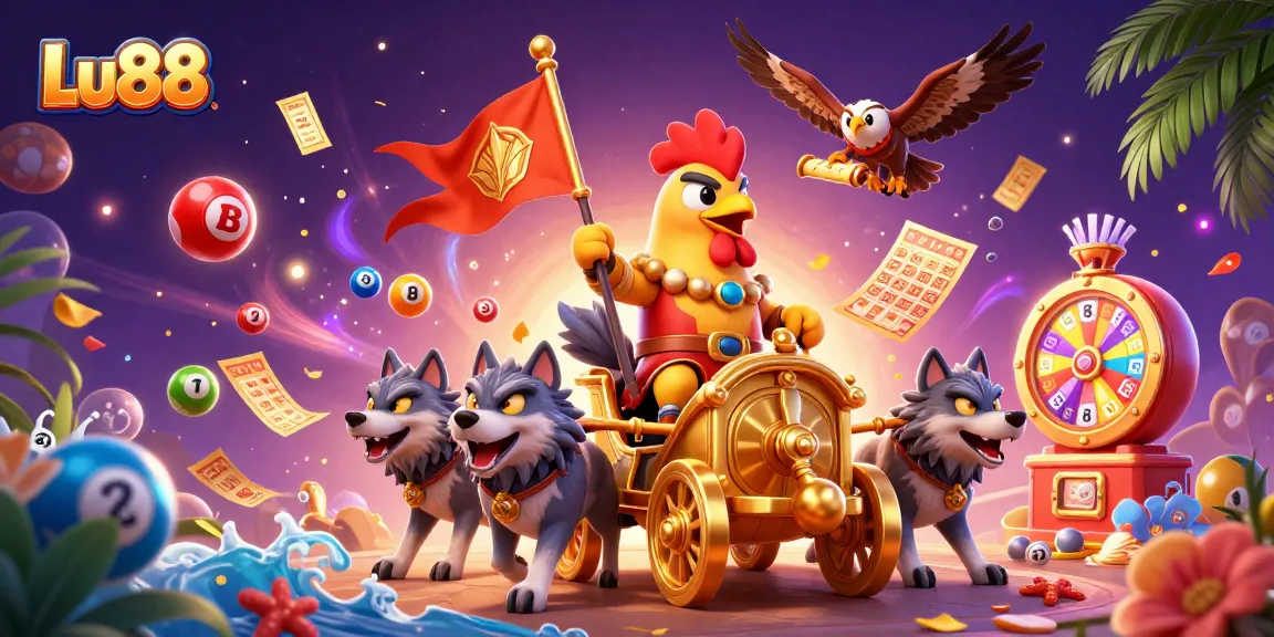 Lu88 presents a captivating illustration of a rooster warlord amidst a dynamic gambling scene with lottery elements.