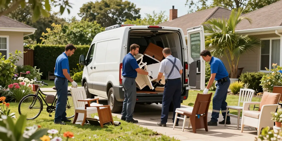 House clearance London team efficiently removing old furniture and garden waste in a tidy backyard.