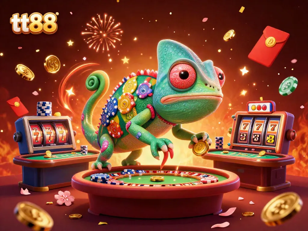 Engage in thrilling gameplay at tt88 with a vibrant scene filled with chameleon casino owner and dynamic casino elements.