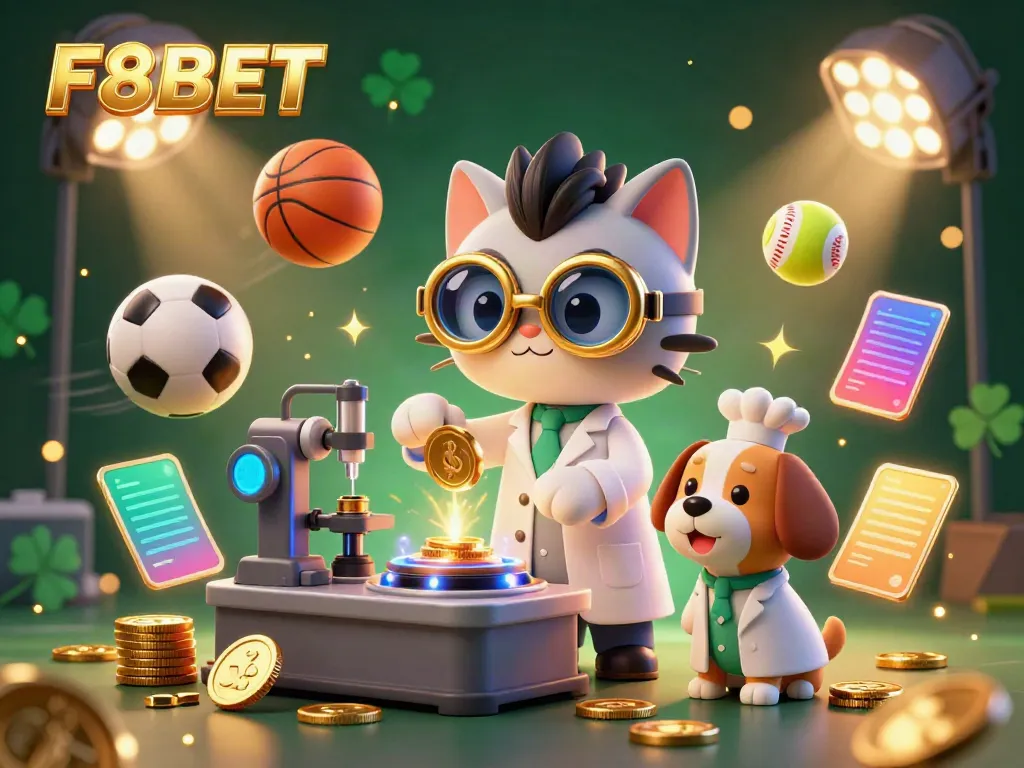 Experience thrilling gameplay with F8BET amid sports elements and gold coins in an engaging digital illustration.