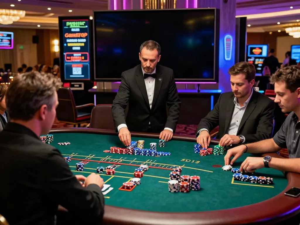 Engaging scene at a gaming table showcasing online casinos not on gamstop with players enjoying blackjack in a vibrant casino atmosphere.