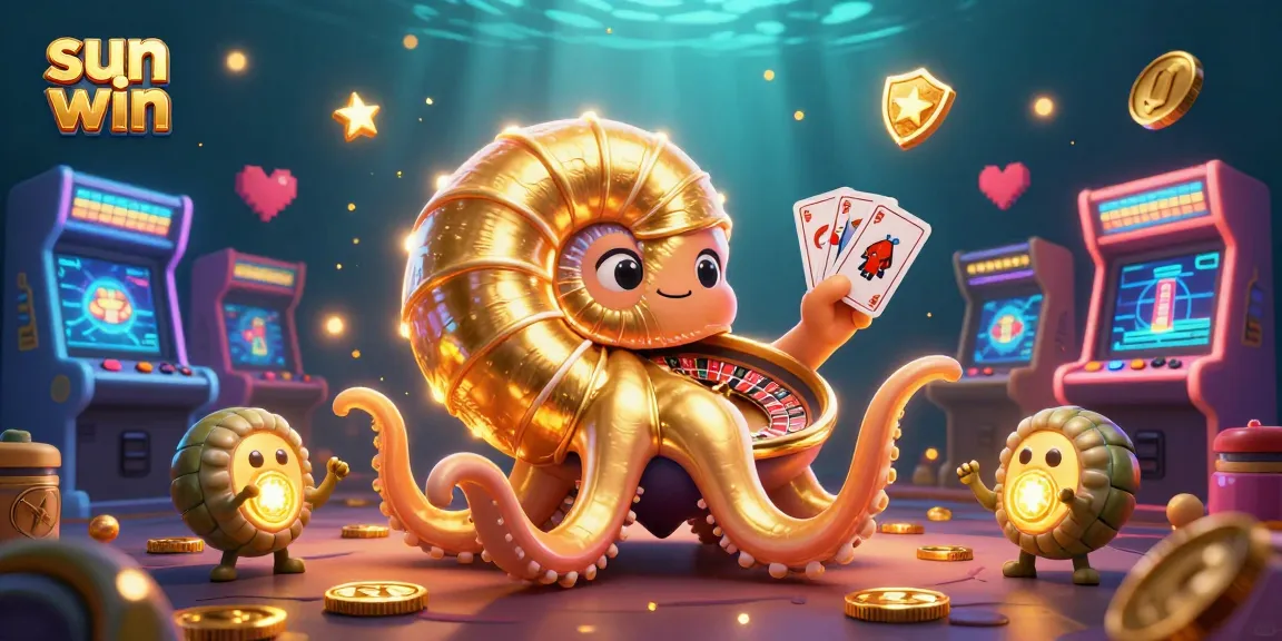 Experience the thrill of sun win with a vibrant casino scene featuring a nautilus roulette wheel and arcade machines.