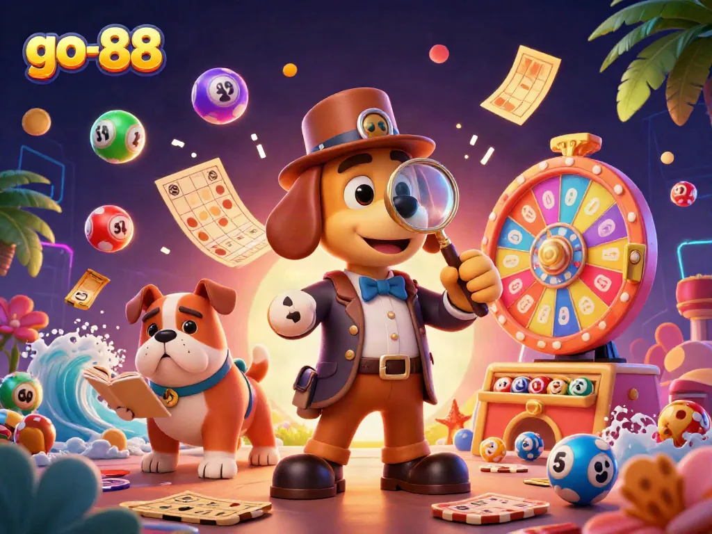 Uncover thrilling wins at go-88 with detectives revealing golden poker chips amidst dynamic casino elements.