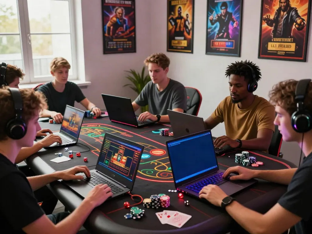 Friends enjoying online casinos not on gamstop at a stylish gaming setup, showcasing gaming equipment and vibrant lights.