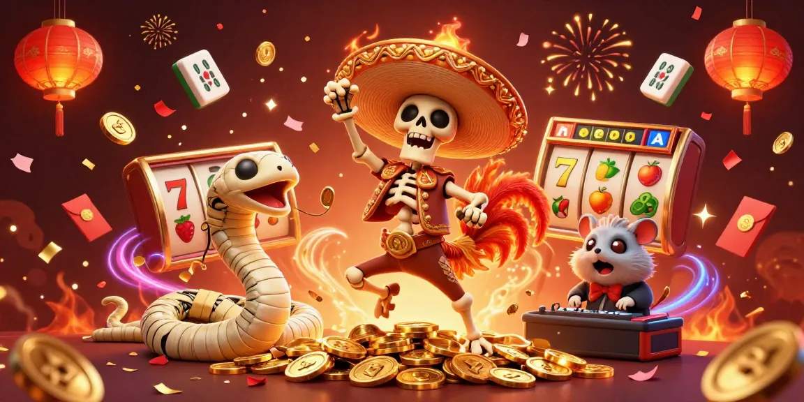 Experience the excitement of sunwin with a vibrant 3D illustration featuring a mariachi rooster, mummy snake, and DJ hamster.