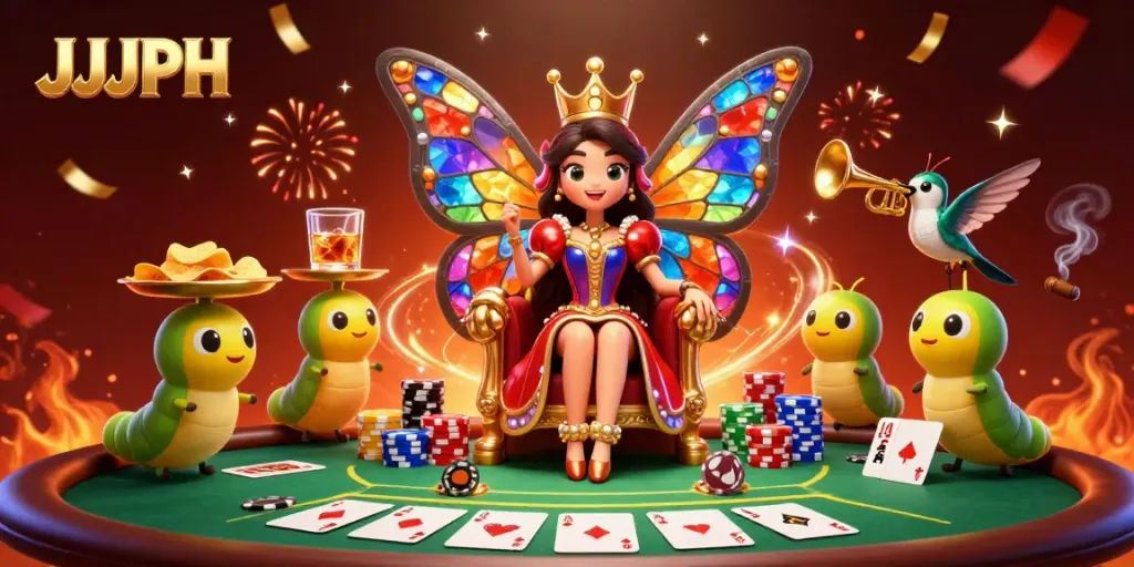 Engage in vibrant online gaming with JJJPH, featuring a butterfly queen amidst lavish poker elements.