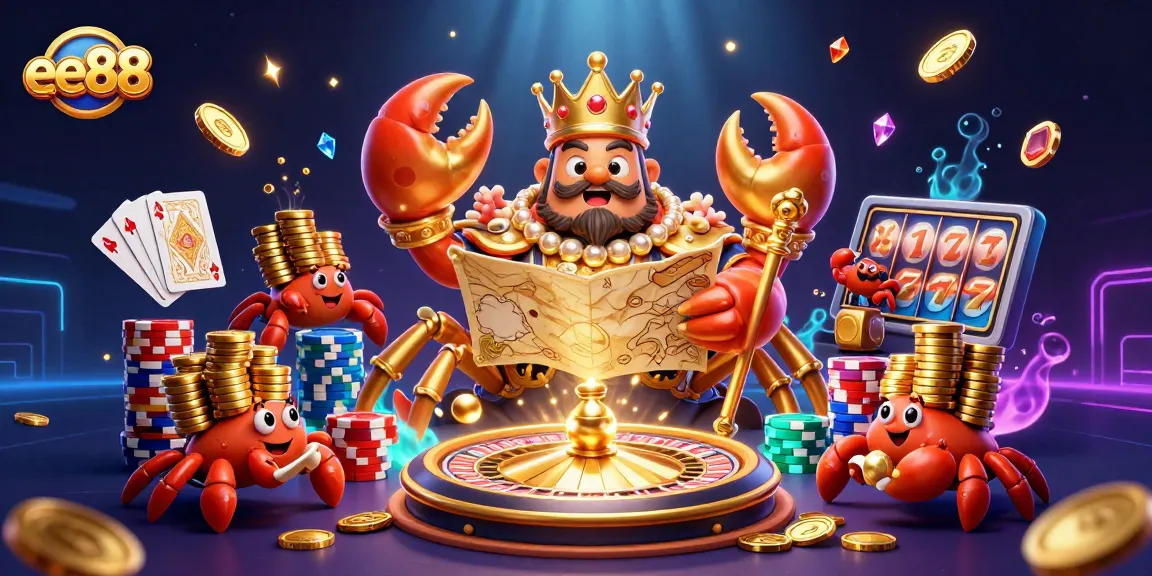 Experience the excitement at ee88 with a golden crab emperor ruling in a vibrant casino scene.
