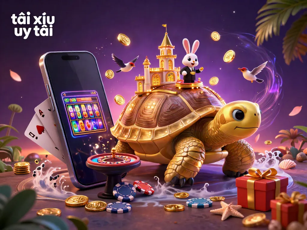 Engage in exciting casino play with tài xỉu uy tín, featuring cartoon tortoise and illuminated casino palace.