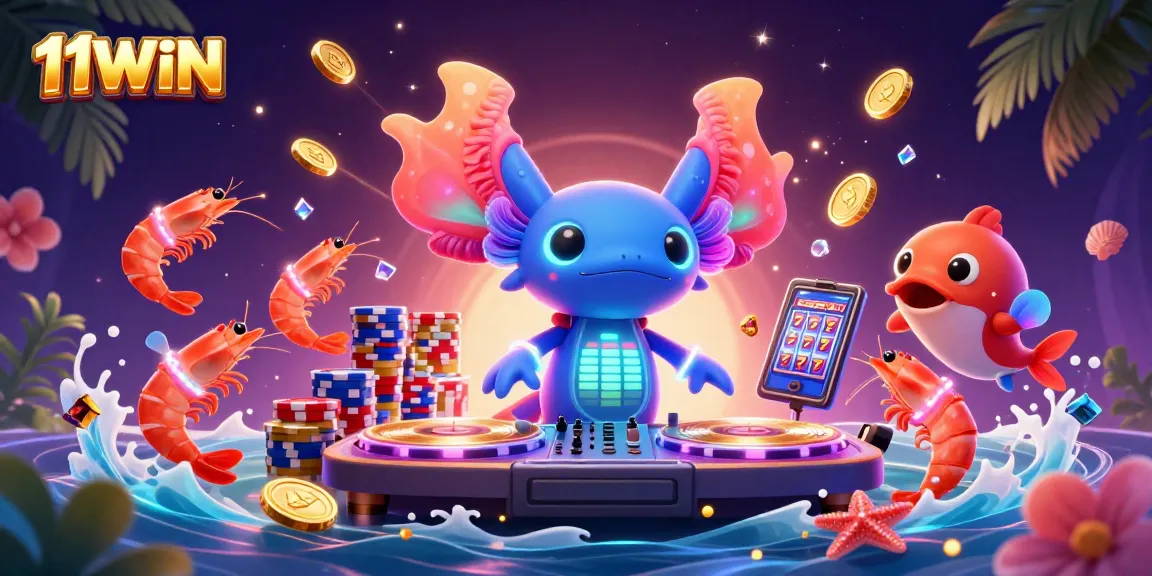 Join the 11WIN celebration with a vibrant scene of a neon axolotl DJ, gold coins, and dynamic casino action.