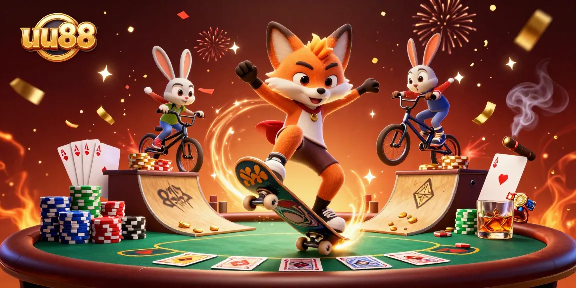 Join the thrilling action at uu88 with a playful fox and rabbit showcasing tricks amidst vibrant gambling symbols.
