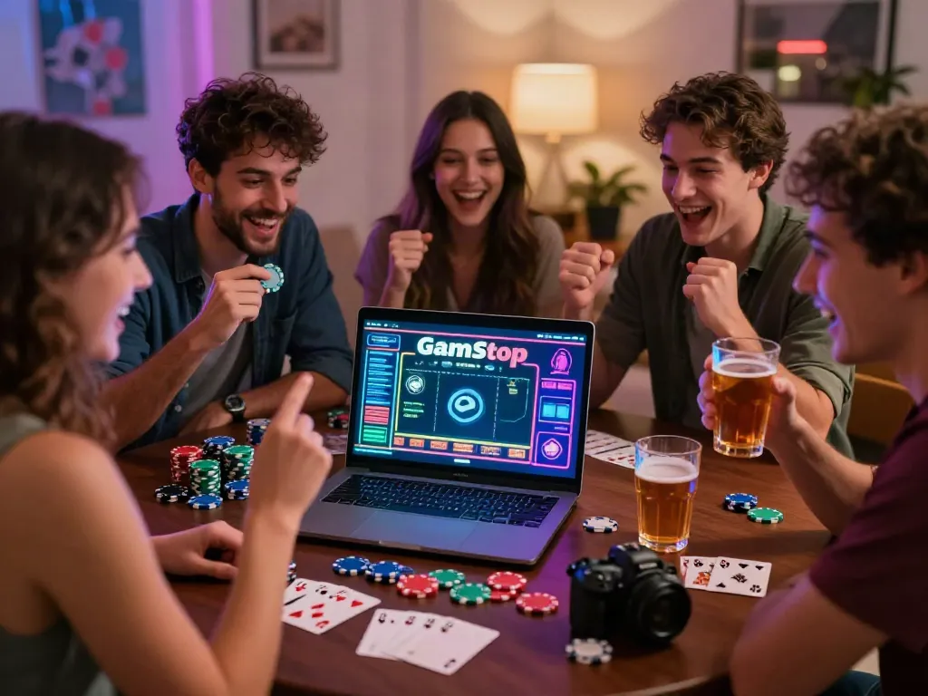 Excited group enjoying fun moments at online casinos not on GamStop.