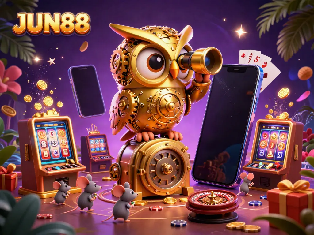 Experience thrilling action in JUN88's vibrant casino scene filled with golden owls, slot machines, and playful mice.