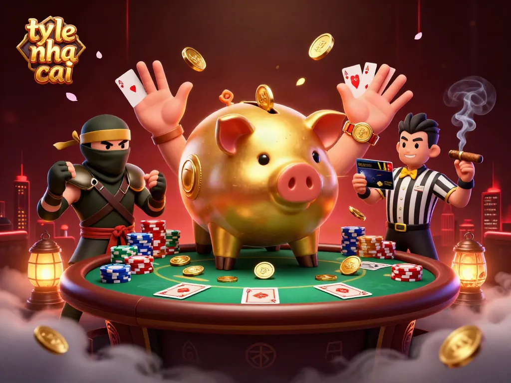 Capture the excitement of ty le nha cai with a sumo piggy bank battling a wallet ninja at a vibrant poker scene.
