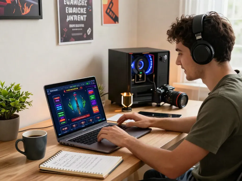 Engaging scene in a home office with a young professional exploring online casinos not on GamStop, featuring a laptop, gaming paraphernalia, and vibrant decor.