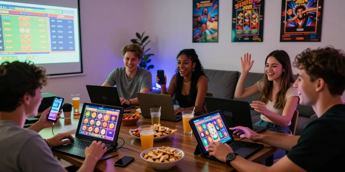 Situs slot deposit 10 ribu online gaming session with friends enjoying colorful slot games.