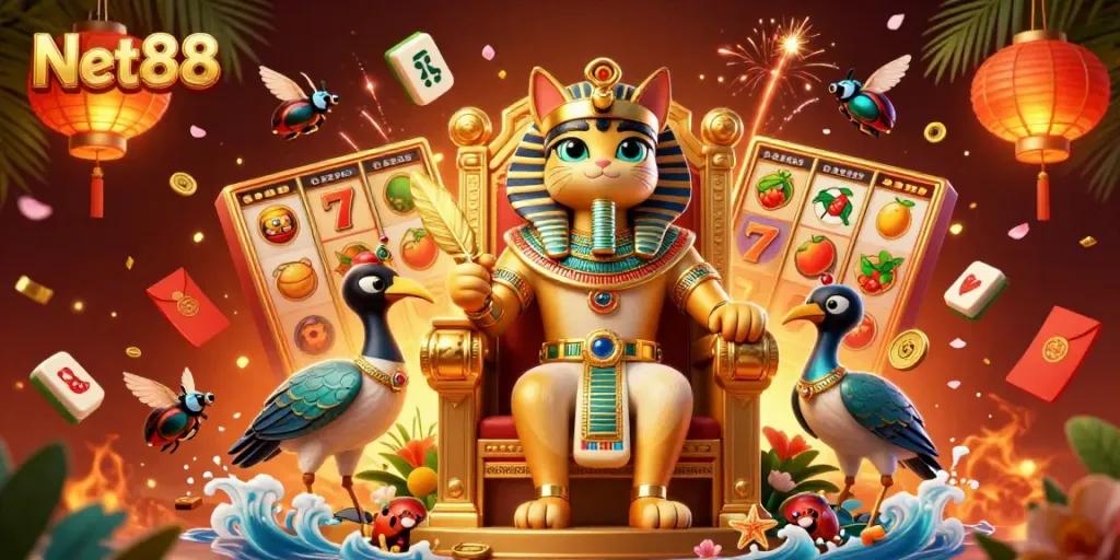 Experience the excitement of betting with Net88, illustrated in a vibrant 3D scene featuring a pharaoh cat.