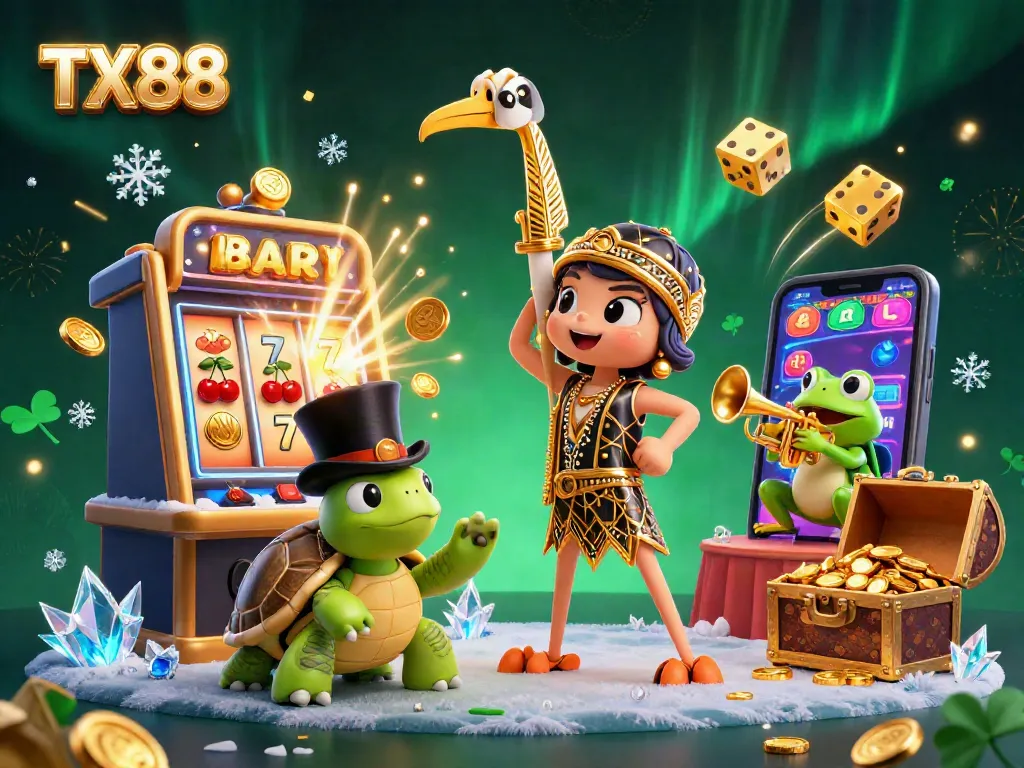 Win big at TX88 with fun illustrated characters and vibrant casino elements bursting with action.