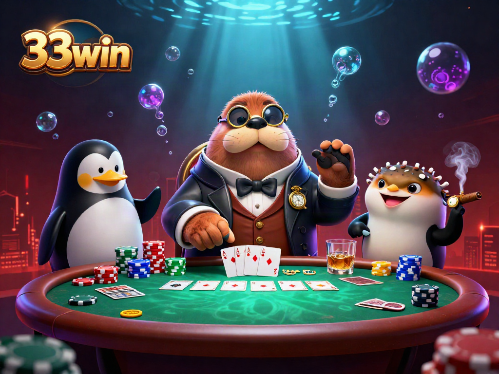 Engage in thrilling poker with the jolly walrus and friends at 33win's vibrant underwater casino.