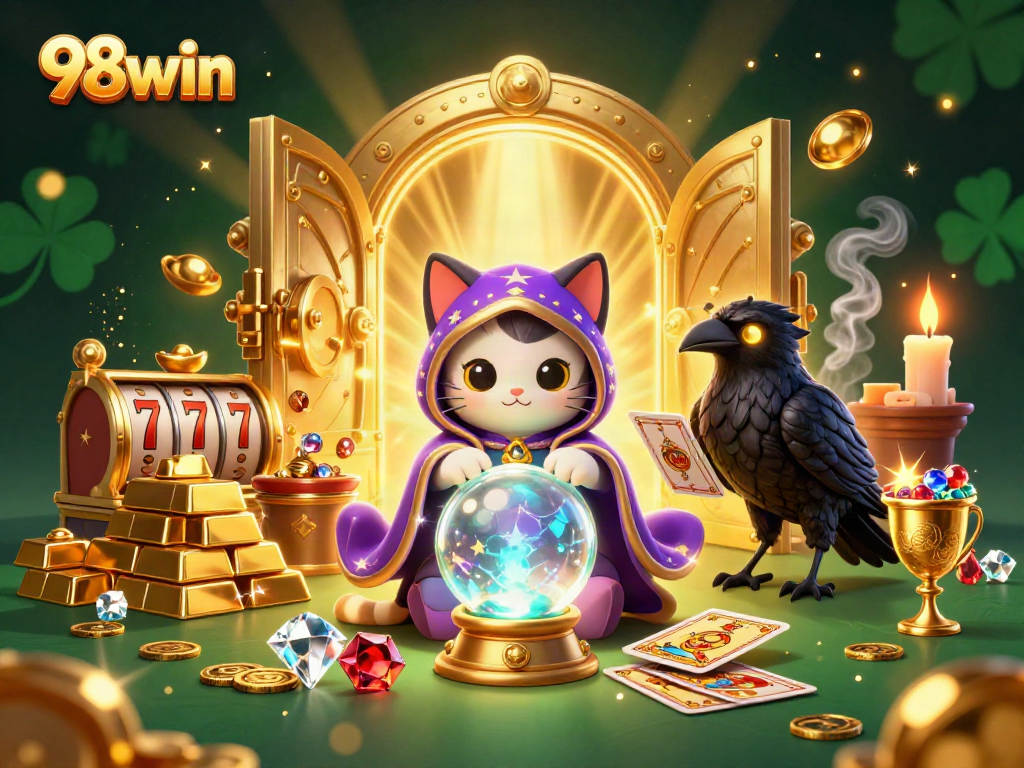 Engage with 98win's mystical casino realm featuring a fortune teller, raven, and vibrant treasures.