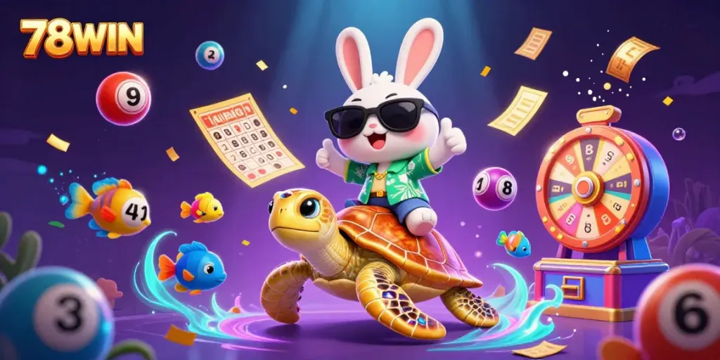 Engage in thrilling gaming at 78WIN with a vibrant scene featuring the lucky rabbit and golden turtle.