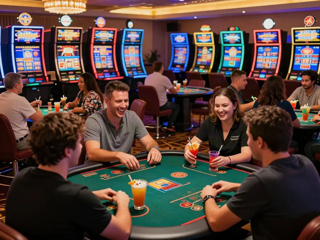 Exciting scene of diverse players enjoying online casinos not on GamStop with colorful gaming tables and bright slot machines.