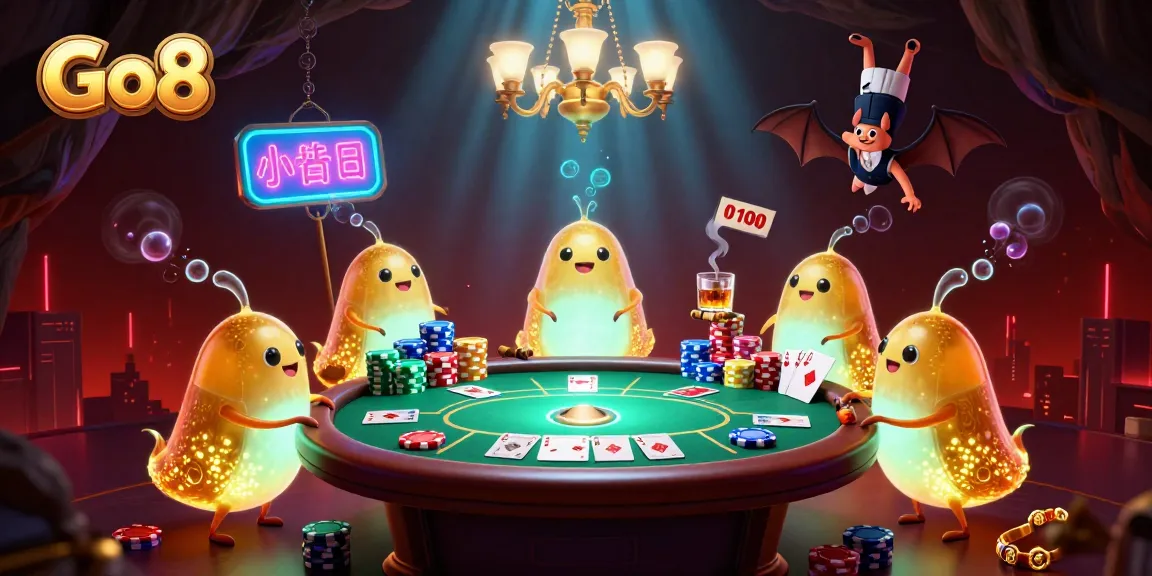 Experience the exciting nightlife of Go8 casino with glowing glowworms, a bat dealer in action, and vibrant poker elements.