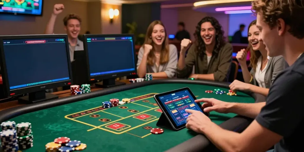Player enjoying online casinos not on GamStop with vibrant digital games and lively atmosphere.