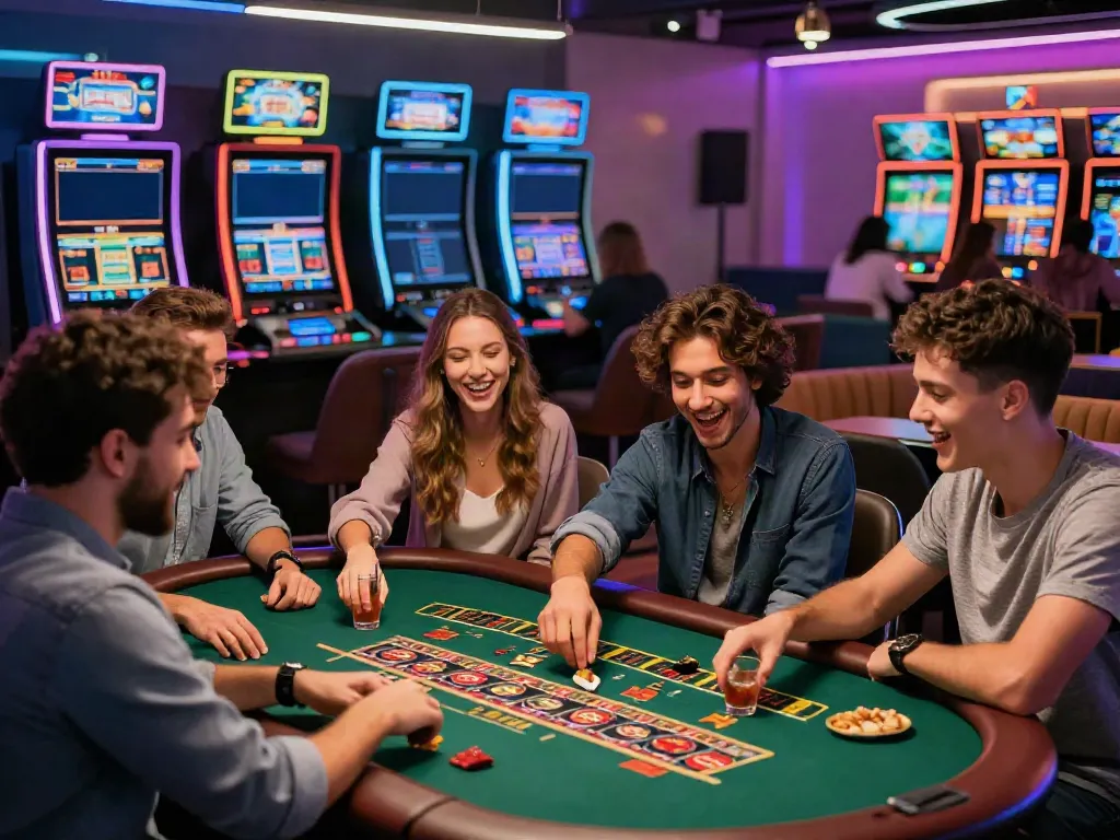 Exciting gaming atmosphere at online casinos not on gamstop with friends enjoying various games.