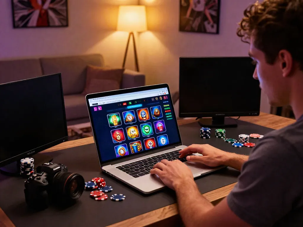 Engaged user exploring online casinos not on gamstop with laptop and gaming accessories.