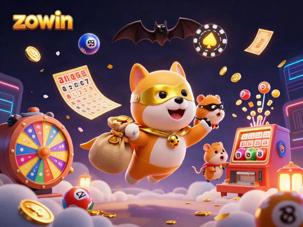 Zowin's superhero dog flies high with gold coins and lottery elements in a vibrant casino scene