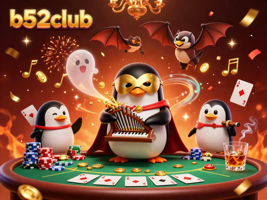 Experience the thrill of b52club with a vivid 3D scene of a penguin playing a golden organ, surrounded by poker elements.