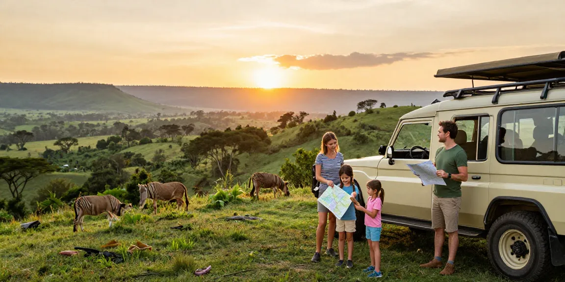 Rental car Uganda adventure scene with family exploring a national park