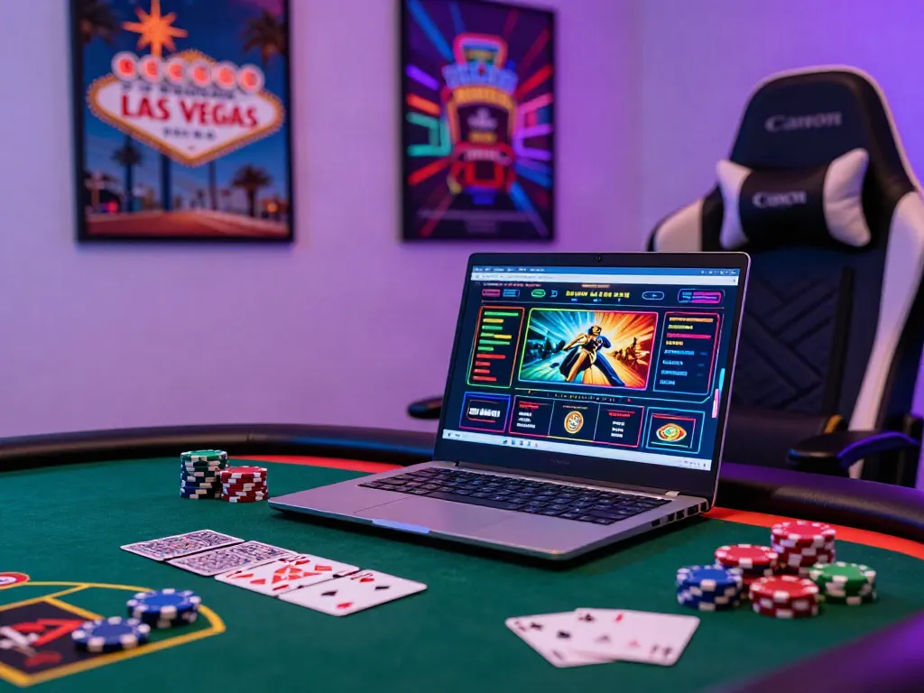 Experience online casinos not on Gamstop in this immersive gaming setup with vibrant lighting and casino elements.
