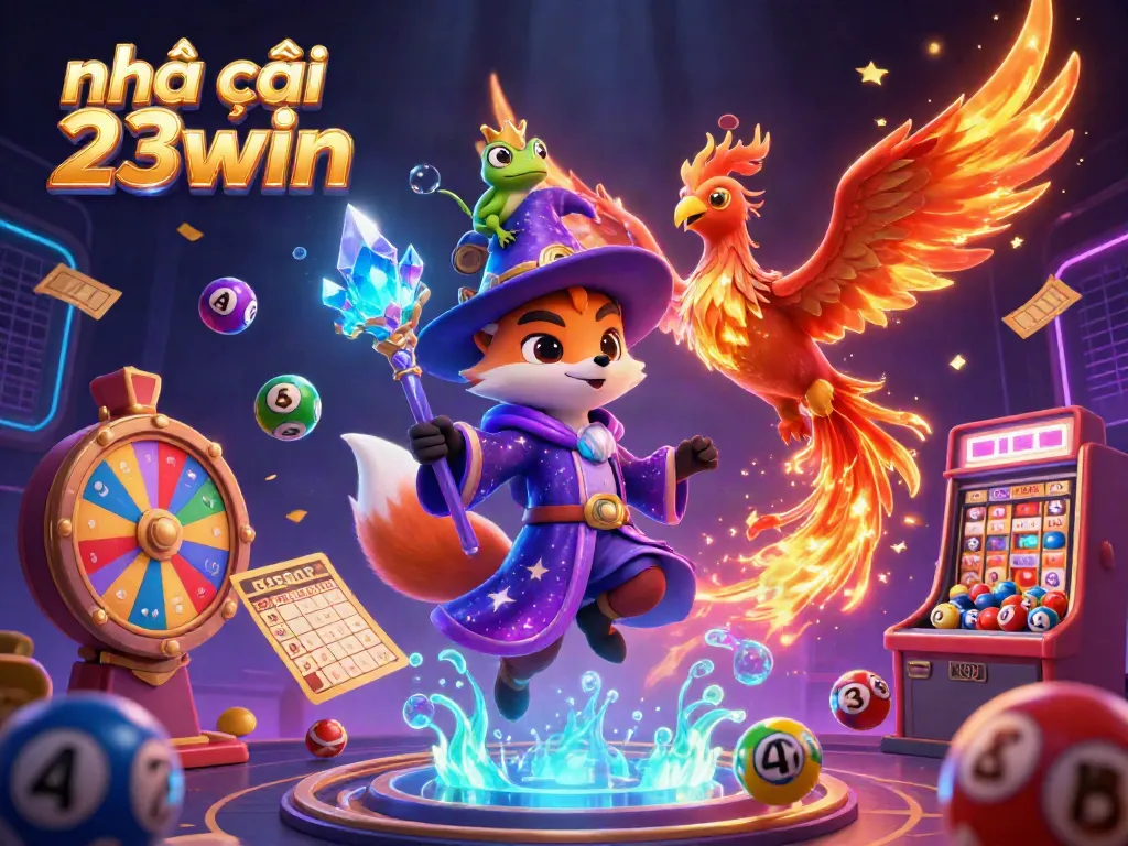 Experience the magic of nhà cái 23win, featuring a wizard fox, phoenix, and colorful lottery elements in a vibrant casino.