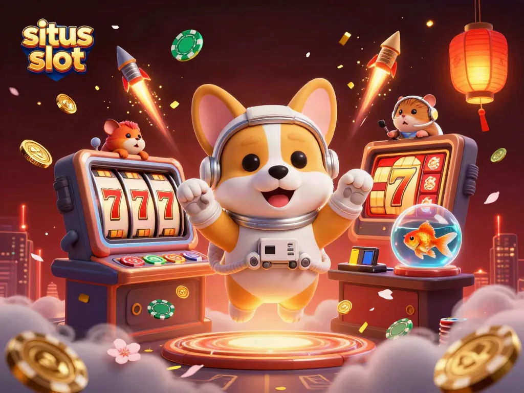 Experience the thrill of situs slot gaming with this lively 3D casino illustration featuring charming characters.