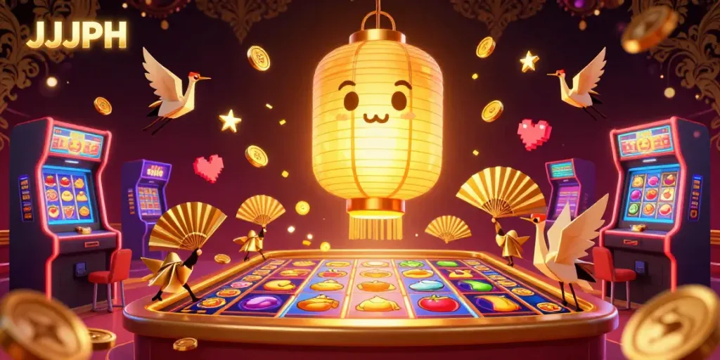 Experience JJJPH’s vibrant casino realm with spinning slot reels and glowing arcade machines.