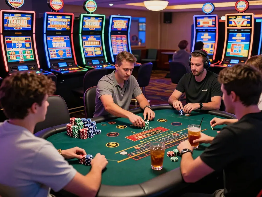 Players enjoying online casinos not on gamstop with vibrant slot machines and tables.