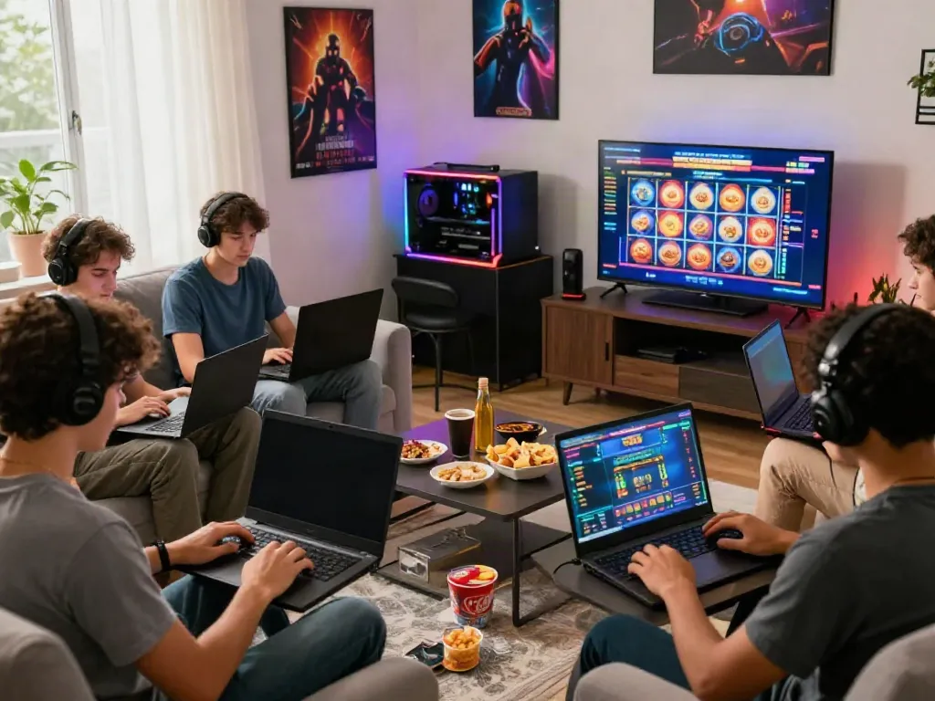 Engaging scene with players enjoying online casinos not on gamstop in a lively living room.