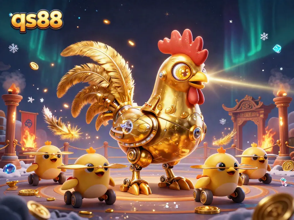 qs88 gaming adventure: Retro robot chicken shoots lasers in a dynamic casino atmosphere