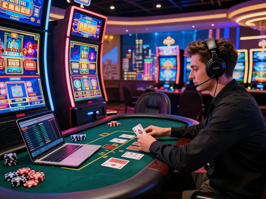Exciting gaming experience showcasing online casinos not on GamStop with a stylish player and digital slot machines.