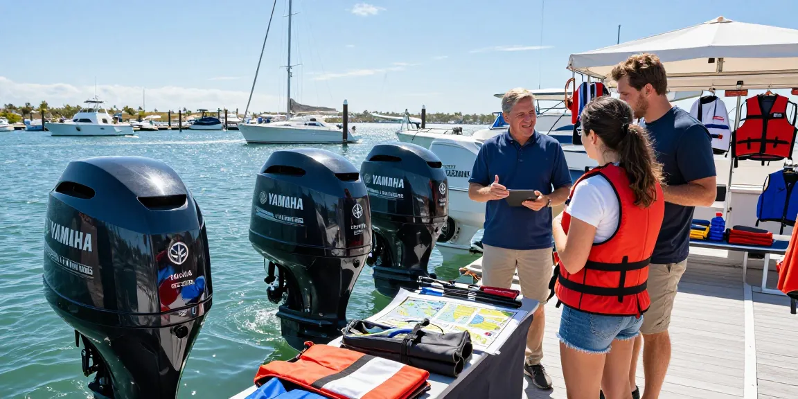 Yamaha outboard engine for sale showcased in a vibrant marina with buyers exploring options.