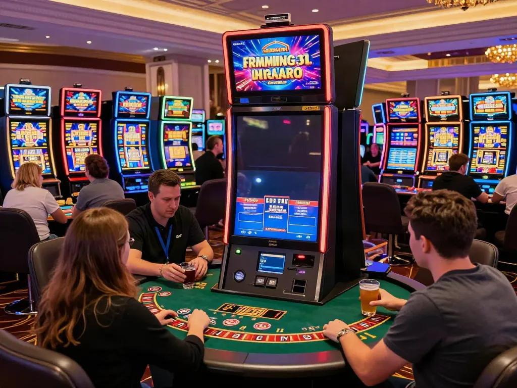 Exciting gaming atmosphere at online casinos not on gamstop with players at slot machines.