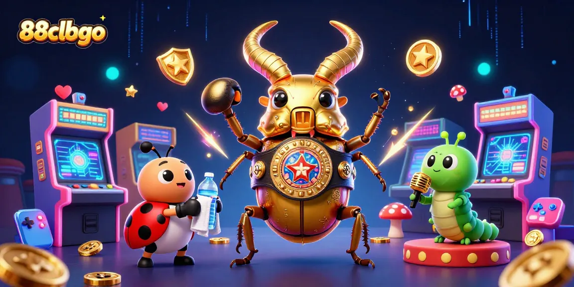 Engage with 88clbgo's vibrant gaming scene featuring a giant golden beetle champion in action.