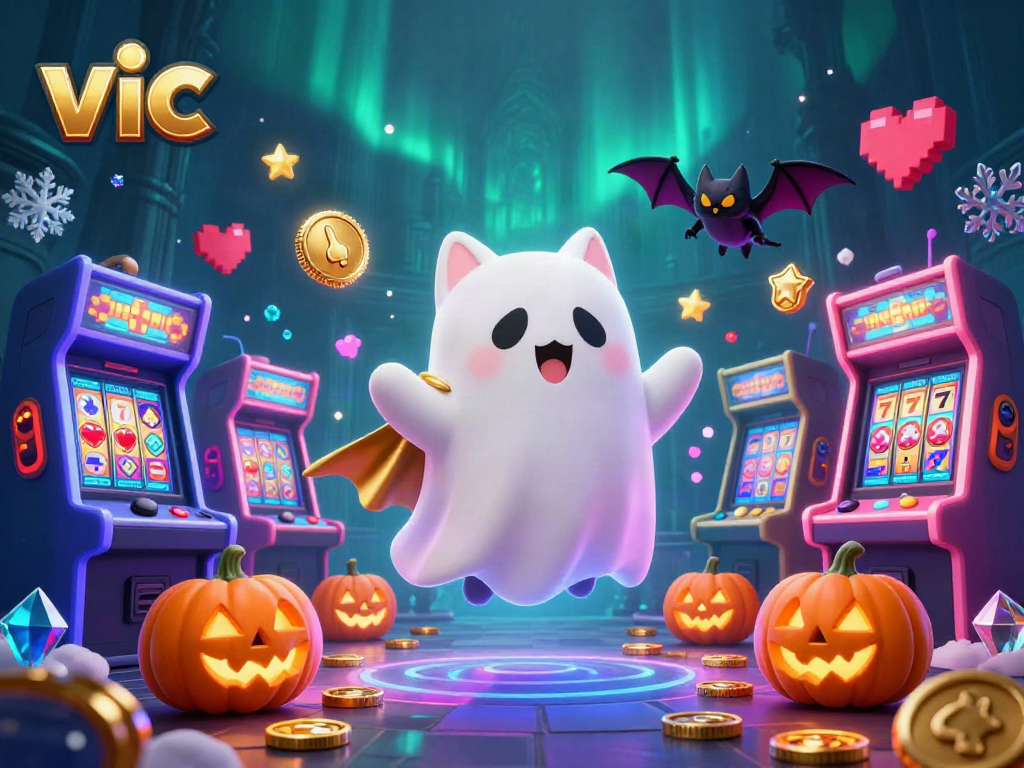 Experience the spectral charm of vic's haunted casino with a ghost cat and a vampire bat.