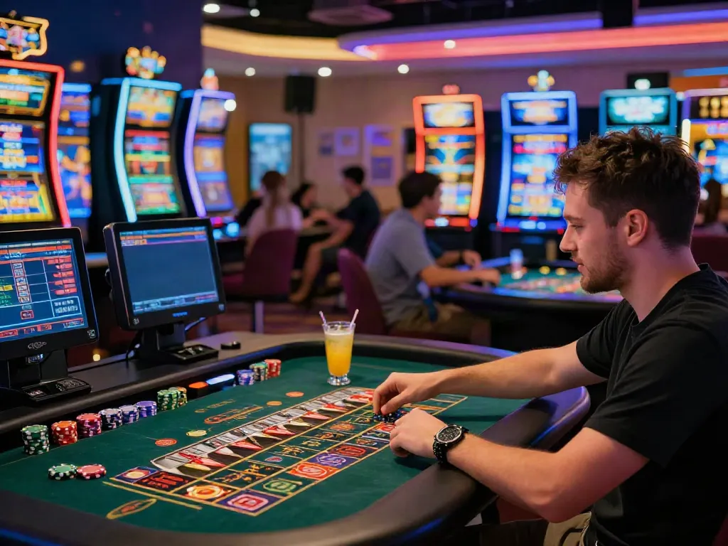 Experience online casinos not on gamstop in an exciting gaming lounge full of players and vibrant ambiance.